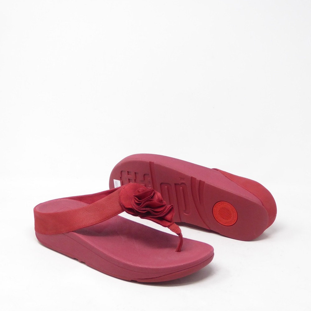 NEW FitFlop Women Florrie Toe-Post Classic Red Nubuck Rosette Sandals Size 10